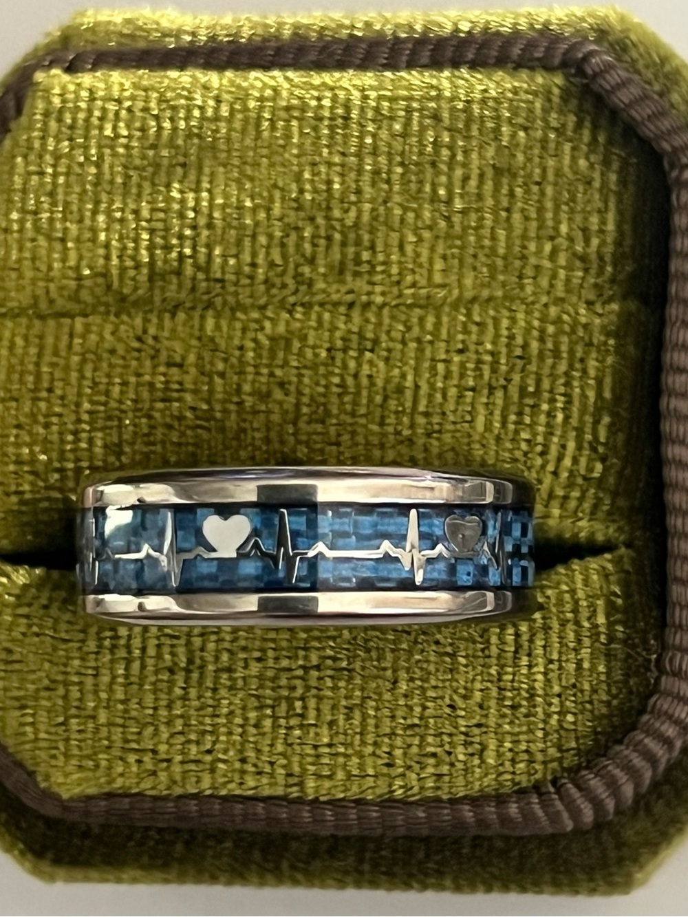 Men’s Titanium Steel Silver/Blue Heart Beat Polished Finish 8mm Band S 11